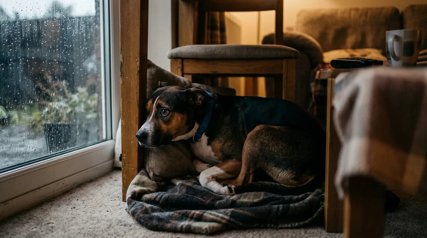 Dog showing signs of noise phobia by hiding and displaying anxious body language during a storm