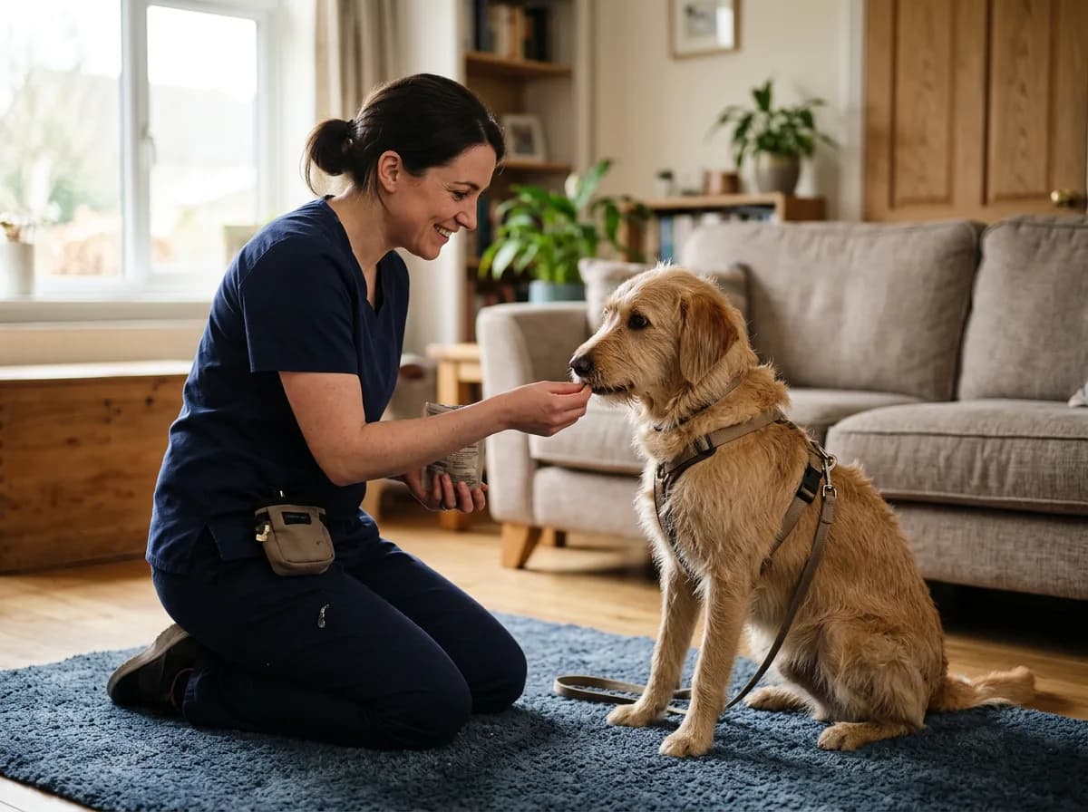 Dog working with veterinarian on behavioral training for noise sensitivity