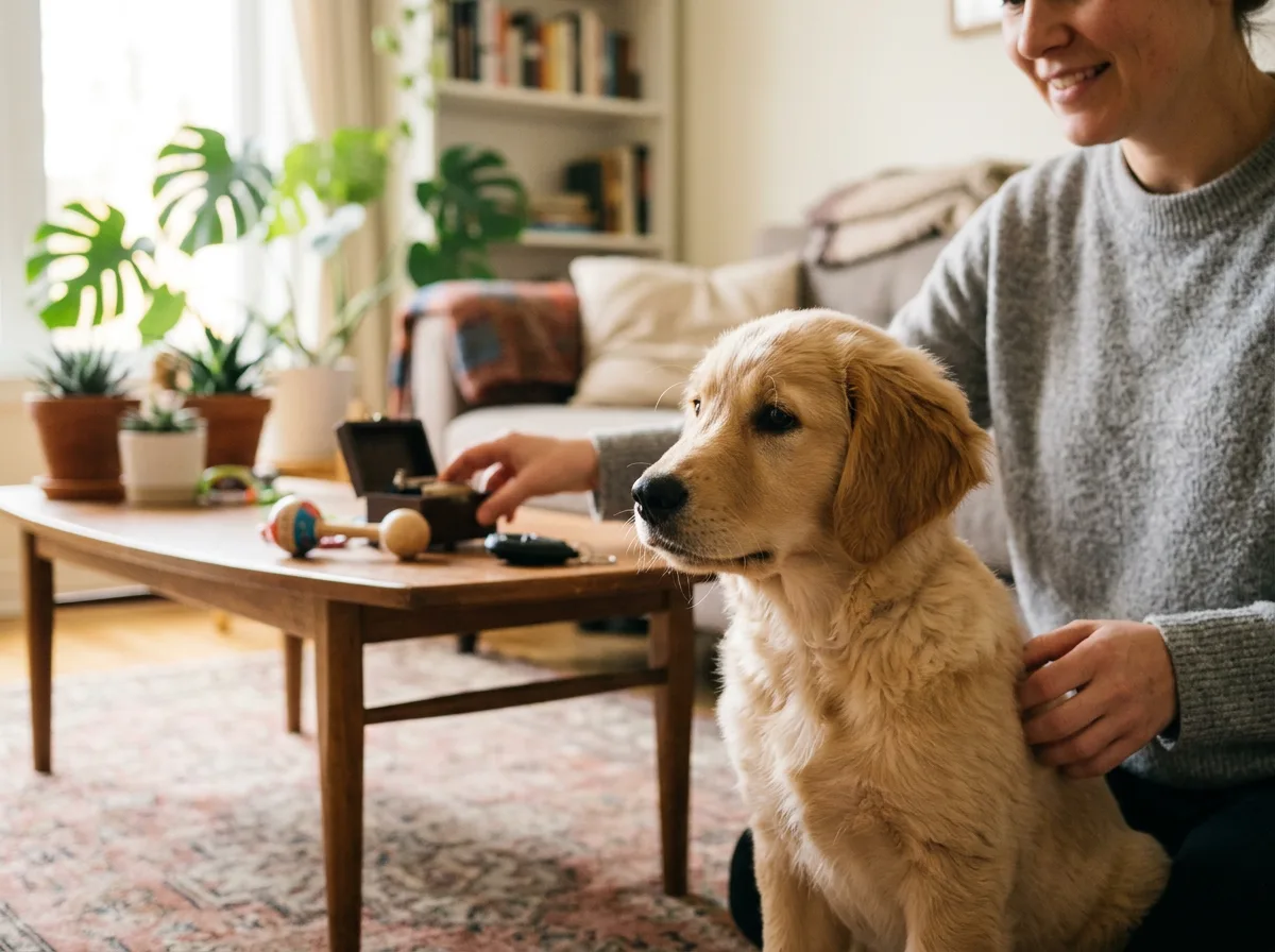 Puppy being gently socialized to sounds during early training to prevent noise phobia