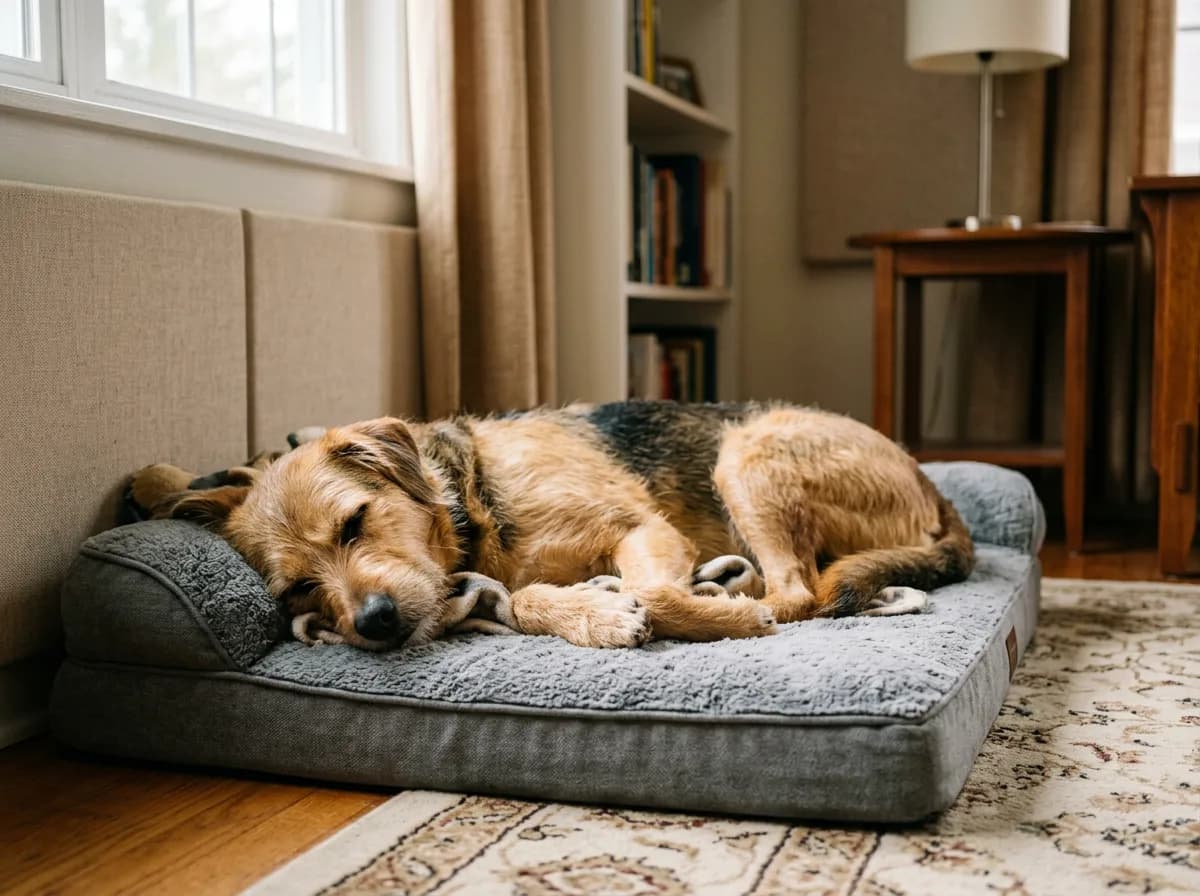 Dog relaxing in a safe, quiet space with sound dampening for noise phobia management