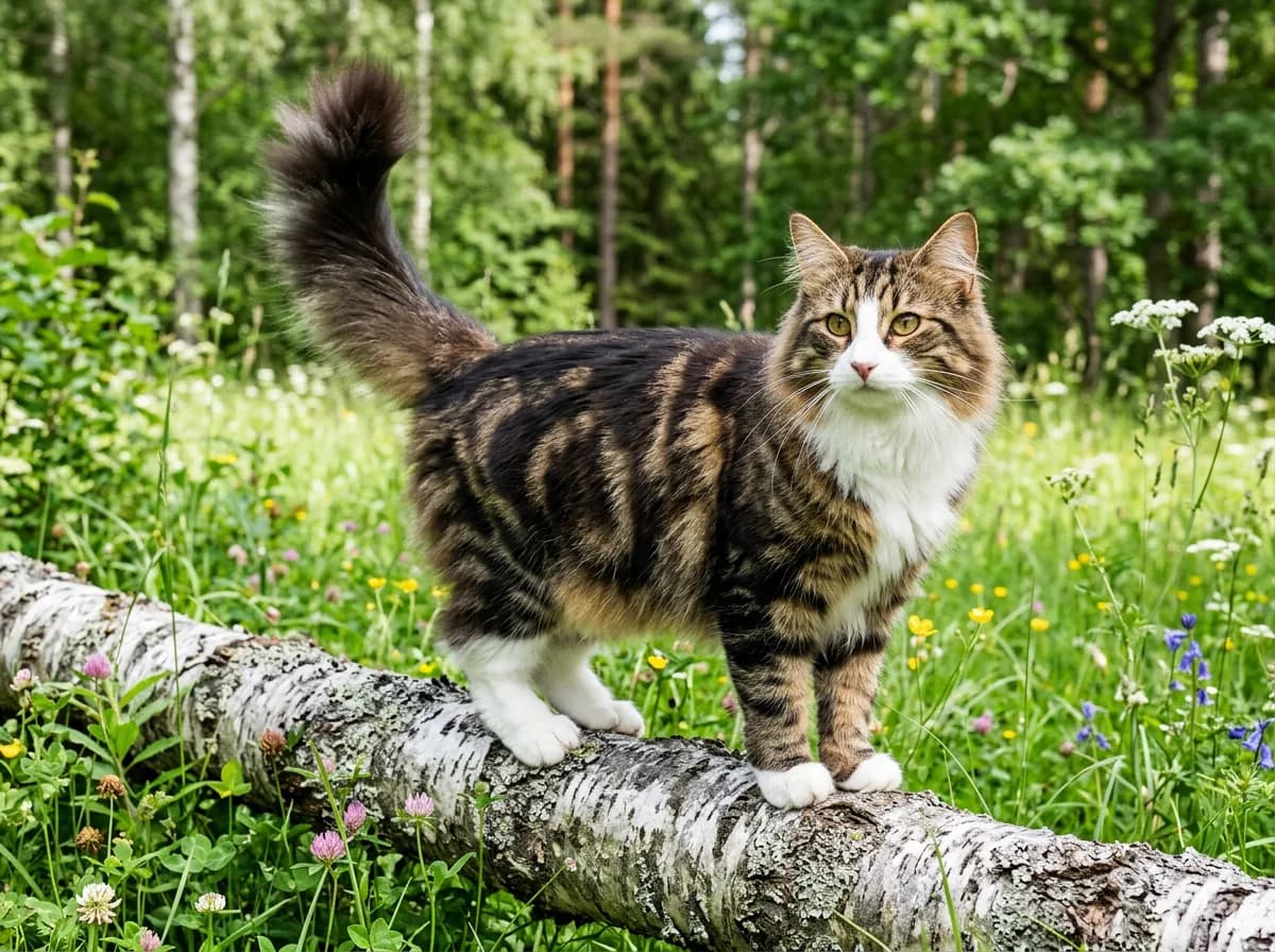 A classic brown tabby and white Norwegian Forest cat with bold dark markings and a thick frontal ruff standing on a fallen birch log in a meadow