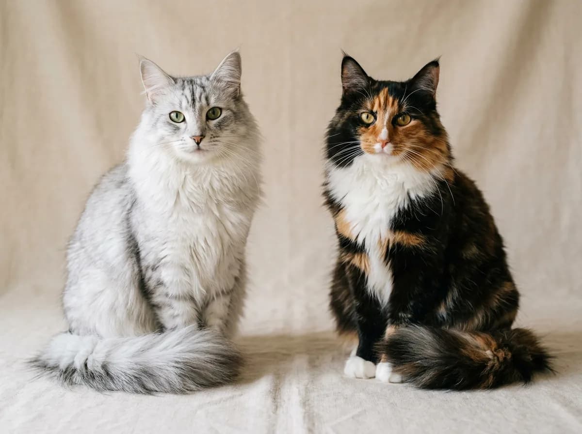 A silver shaded Norwegian Forest cat beside a tortoiseshell and white Norwegian Forest cat, both with long fluffy double coats on a neutral backdrop