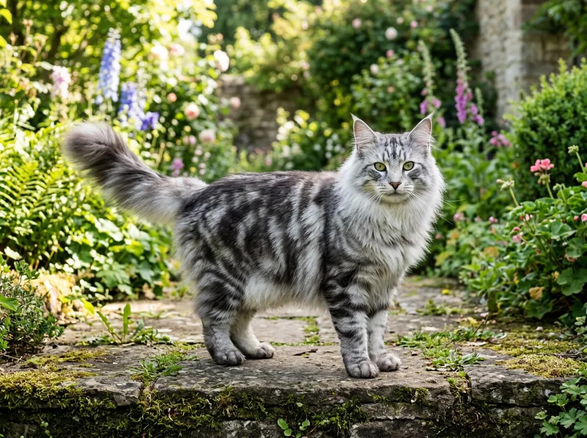 A healthy adult silver tabby Norwegian forest cat with a full ruff, tufted ears and a bushy plumed tail held high, standing on a stone path in a sunlit cottage garden