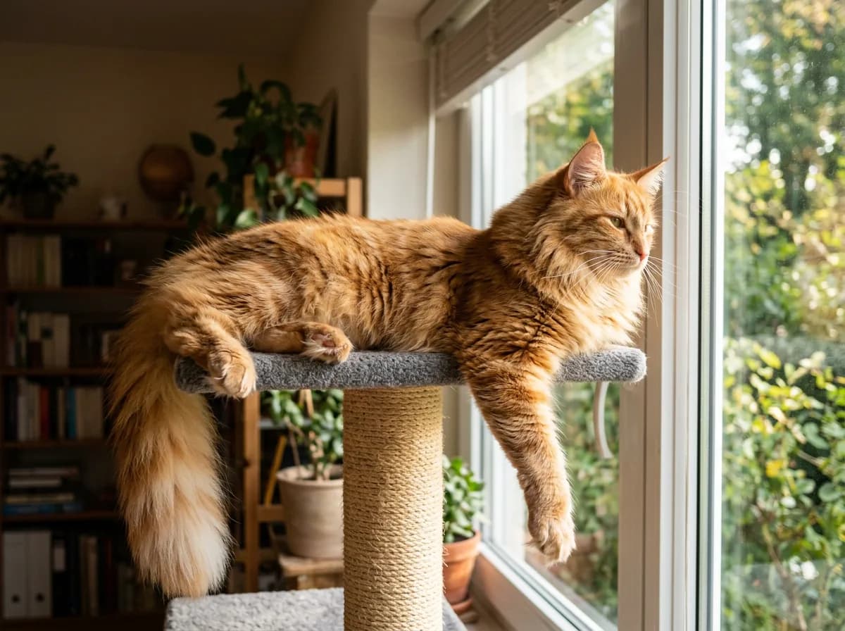 A long-haired red tabby Norwegian forest cat lounging contentedly on a tall cat tree beside a sunlit window inside a home