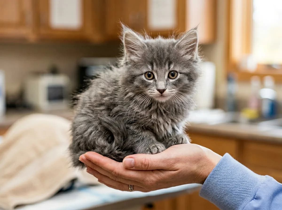 A fluffy gray Norwegian forest cat kitten with large eyes sitting in a gently cupped hand during an early health check