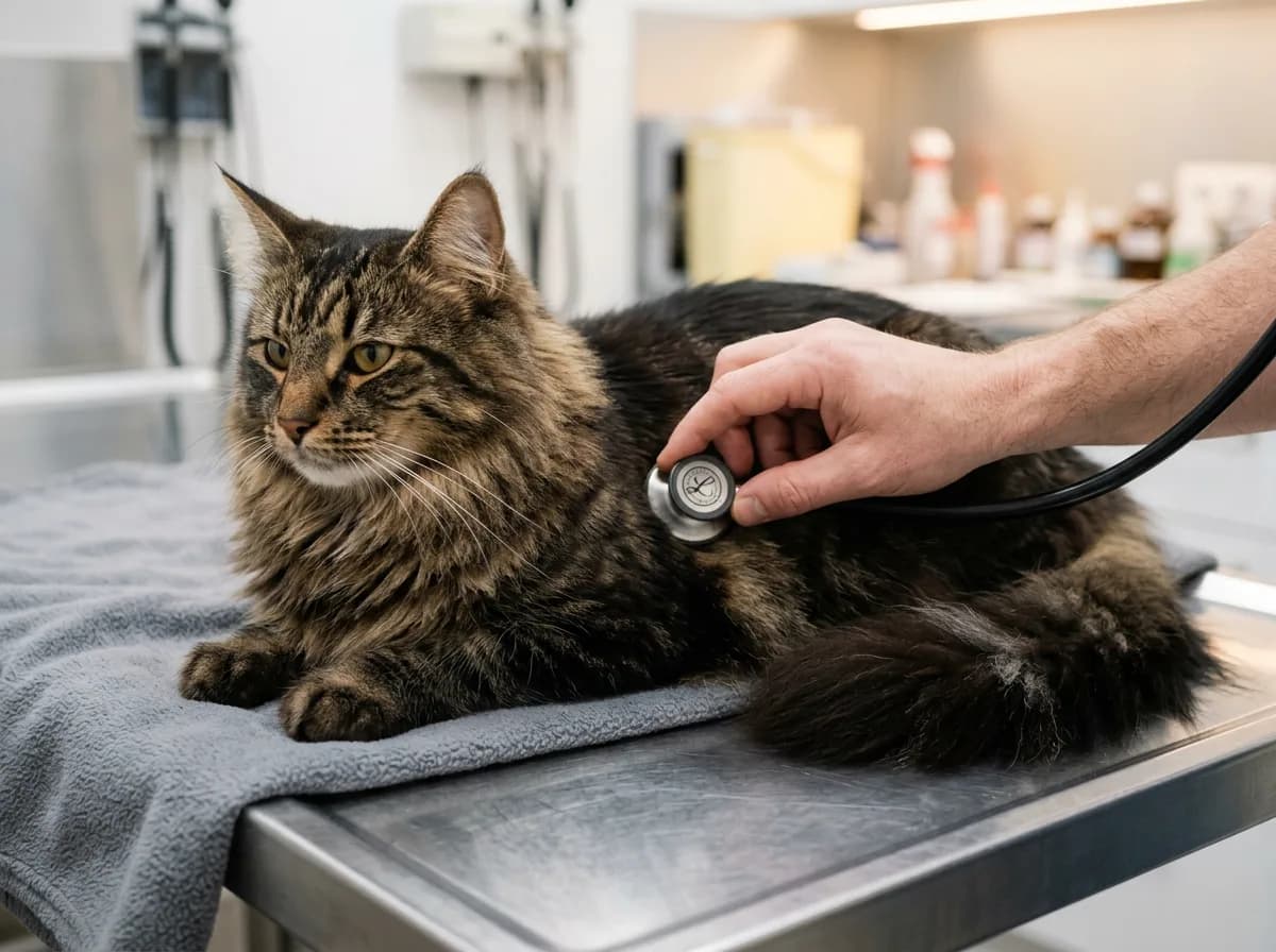 A calm brown tabby Norwegian forest cat lying on an exam table while a hand holds a stethoscope to its chest during a heart check