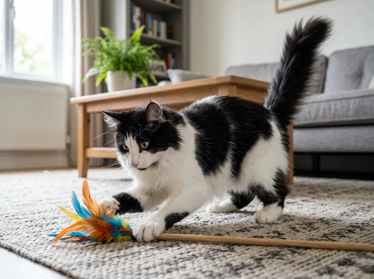 A lean, healthy black and white Norwegian forest cat playing with a feather wand toy on a living room rug