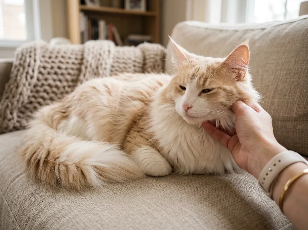 A fluffy cream and white Norwegian Forest cat leaning contentedly into a hand stroking its ruff on the sofa, affectionate but not clingy