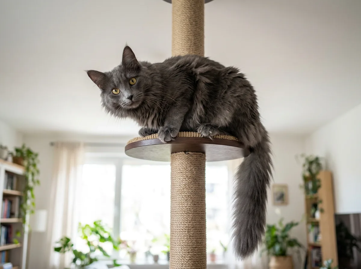 A long-haired gray Norwegian Forest cat perched high on a tall cat tree, looking down alertly, illustrating the breed's strong climbing instinct