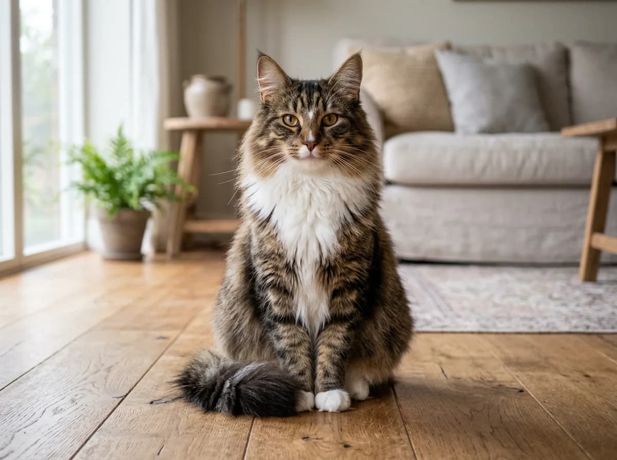 A large brown tabby and white Norwegian Forest cat with a full ruff and tufted ears sitting calmly on a wooden floor, looking at the camera