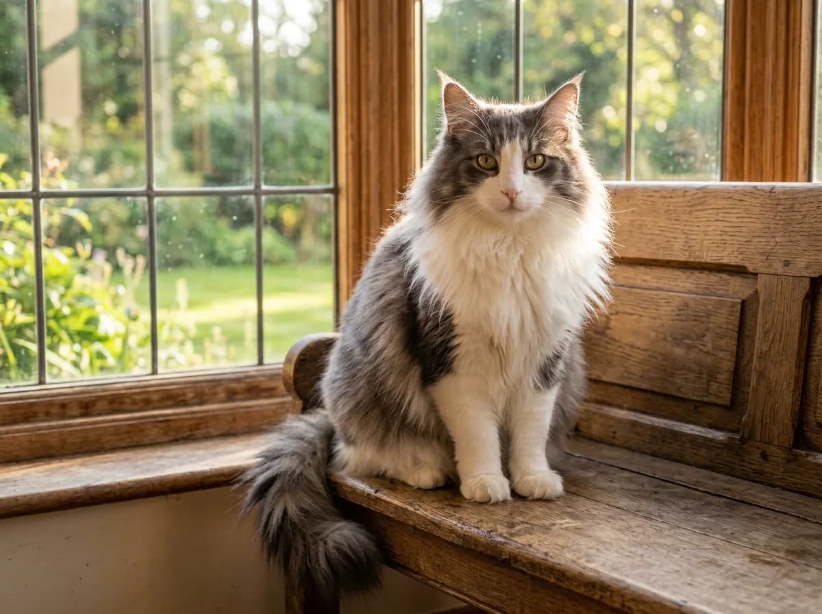 A majestic blue and white Norwegian Forest cat with a thick ruff sitting upright by a sunlit window, calm and confident expression