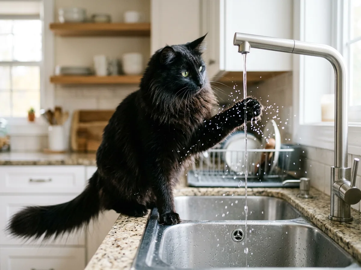 A black Norwegian Forest cat pawing curiously at running water from a kitchen faucet, droplets in the air, showing the breed's love of water