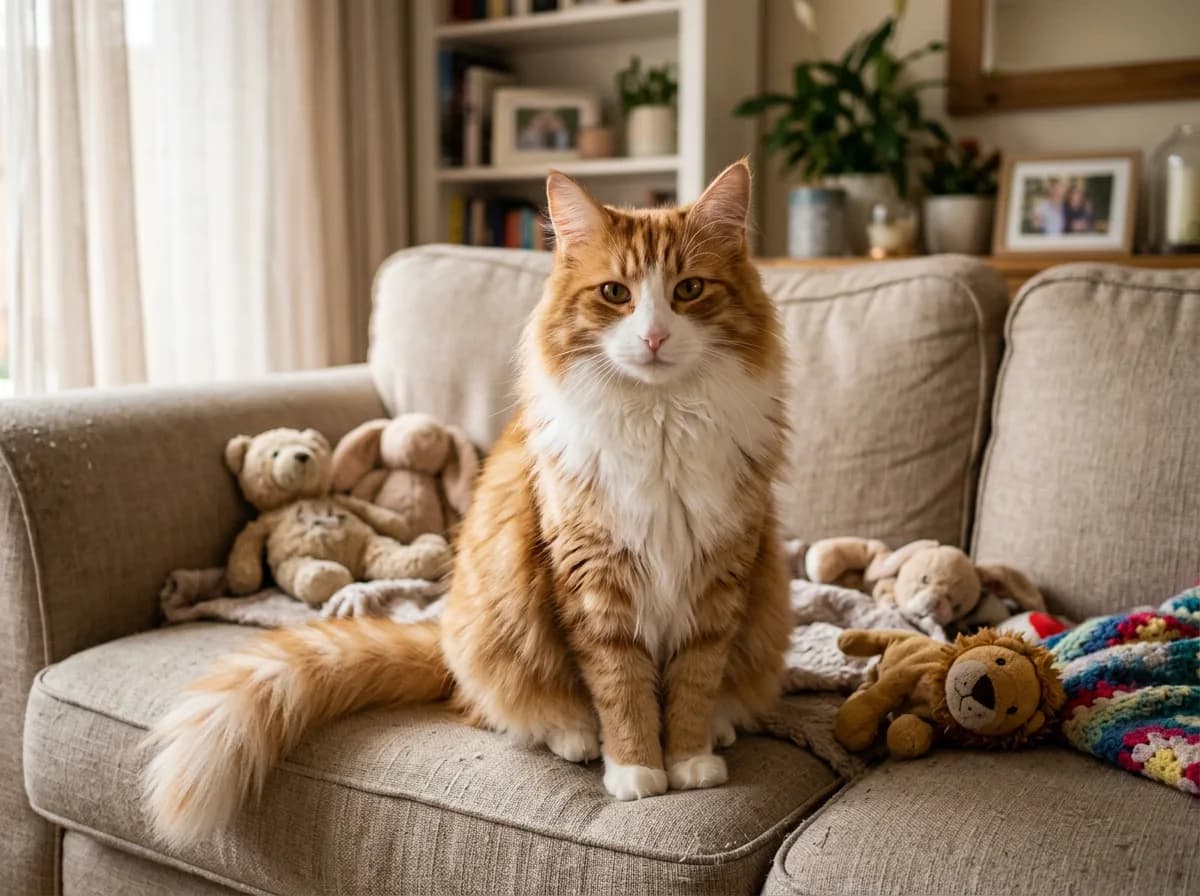 A red tabby and white Norwegian Forest cat sitting patiently on a family couch among plush toys, showing the breed's calm, tolerant nature