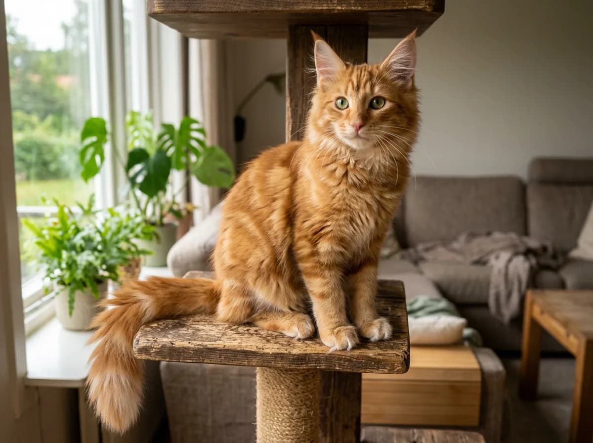 A young amber Norwegian Forest cat with a warm reddish gold coat and green eyes perched on a rustic wooden cat tree platform, its bushy tail draped over the edge