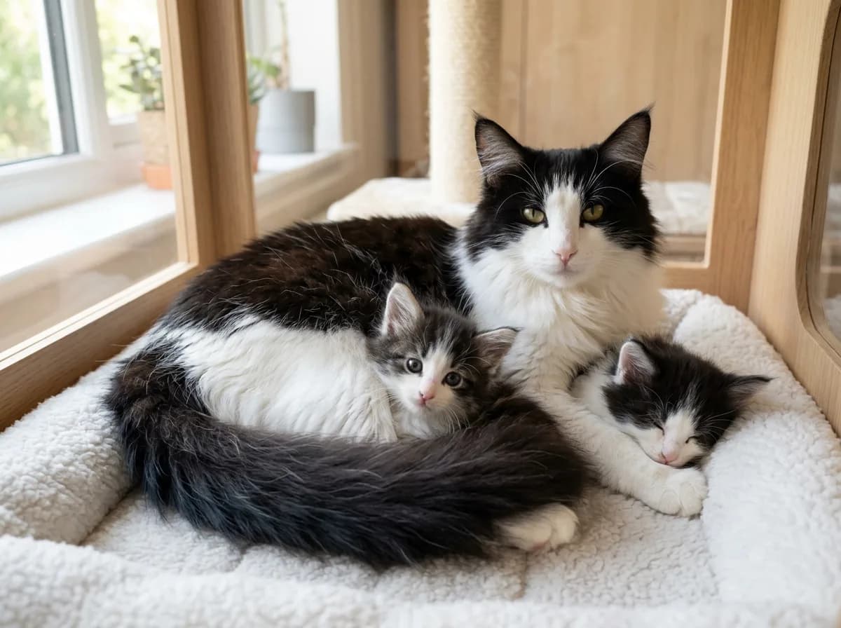A black and white Norwegian Forest cat mother resting with her two fluffy kittens on a soft bed in a clean home cattery, soft daylight