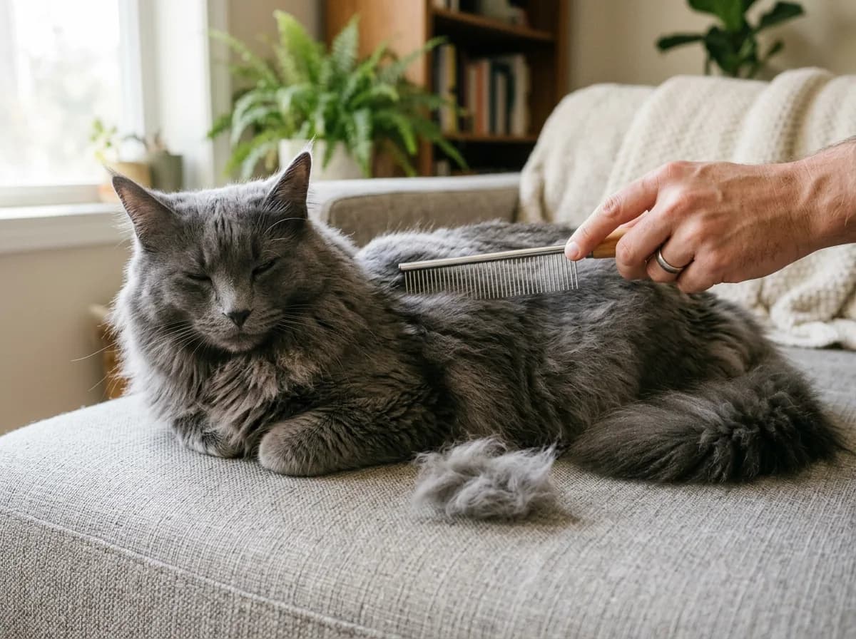 A hand combing through the thick coat of a gray Norwegian Forest cat on a couch, loose shed fur beside it, warm home lighting