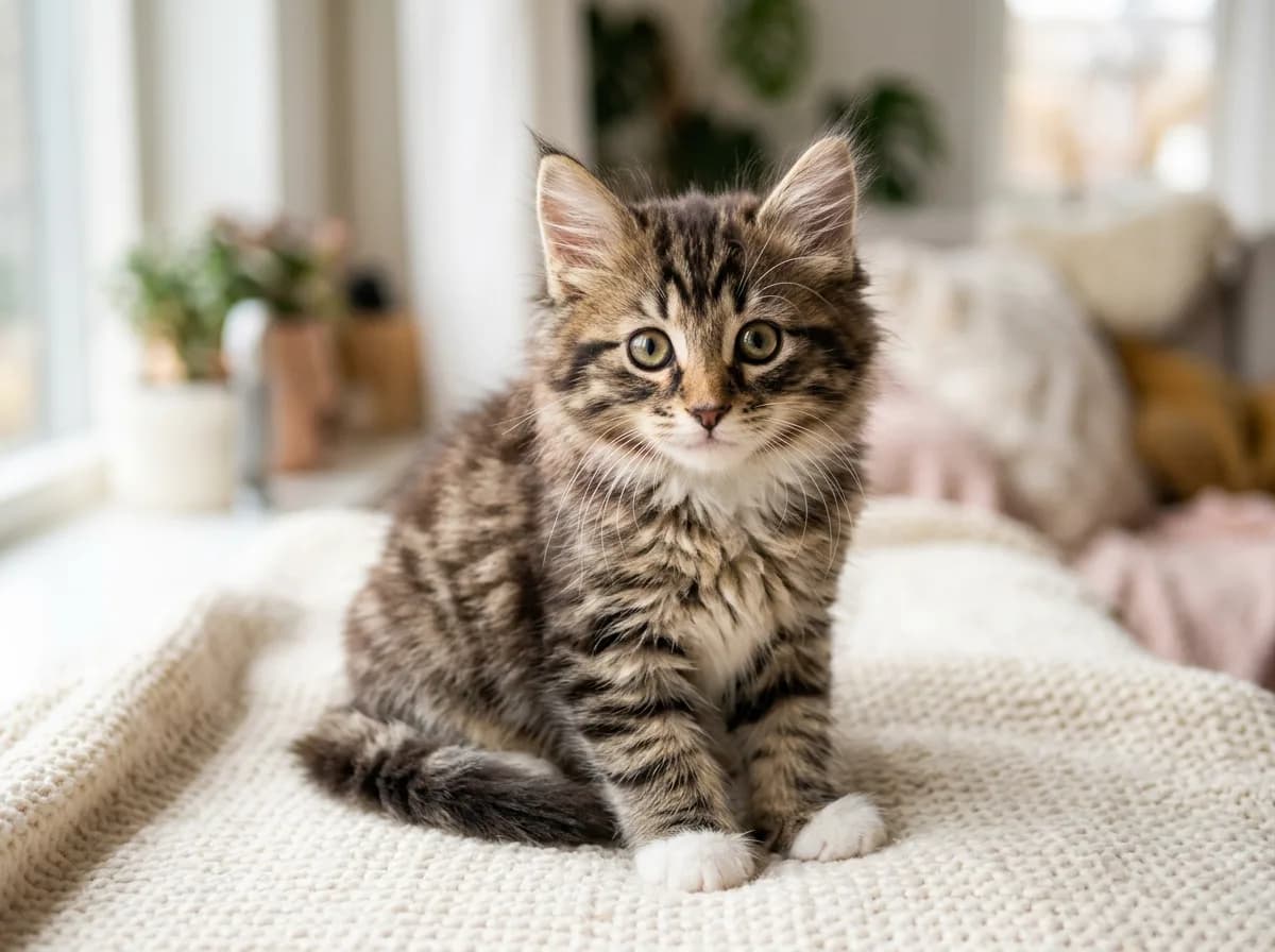 A fluffy brown tabby Norwegian Forest kitten with tufted ears and a white chest sitting on a cream knit blanket, looking at the camera