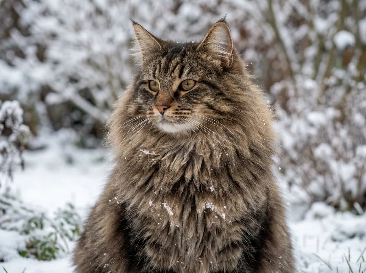 A close-up of a Norwegian Forest cat's thick frontal ruff and dense double coat against a snowy background, fur adding visual bulk to the body