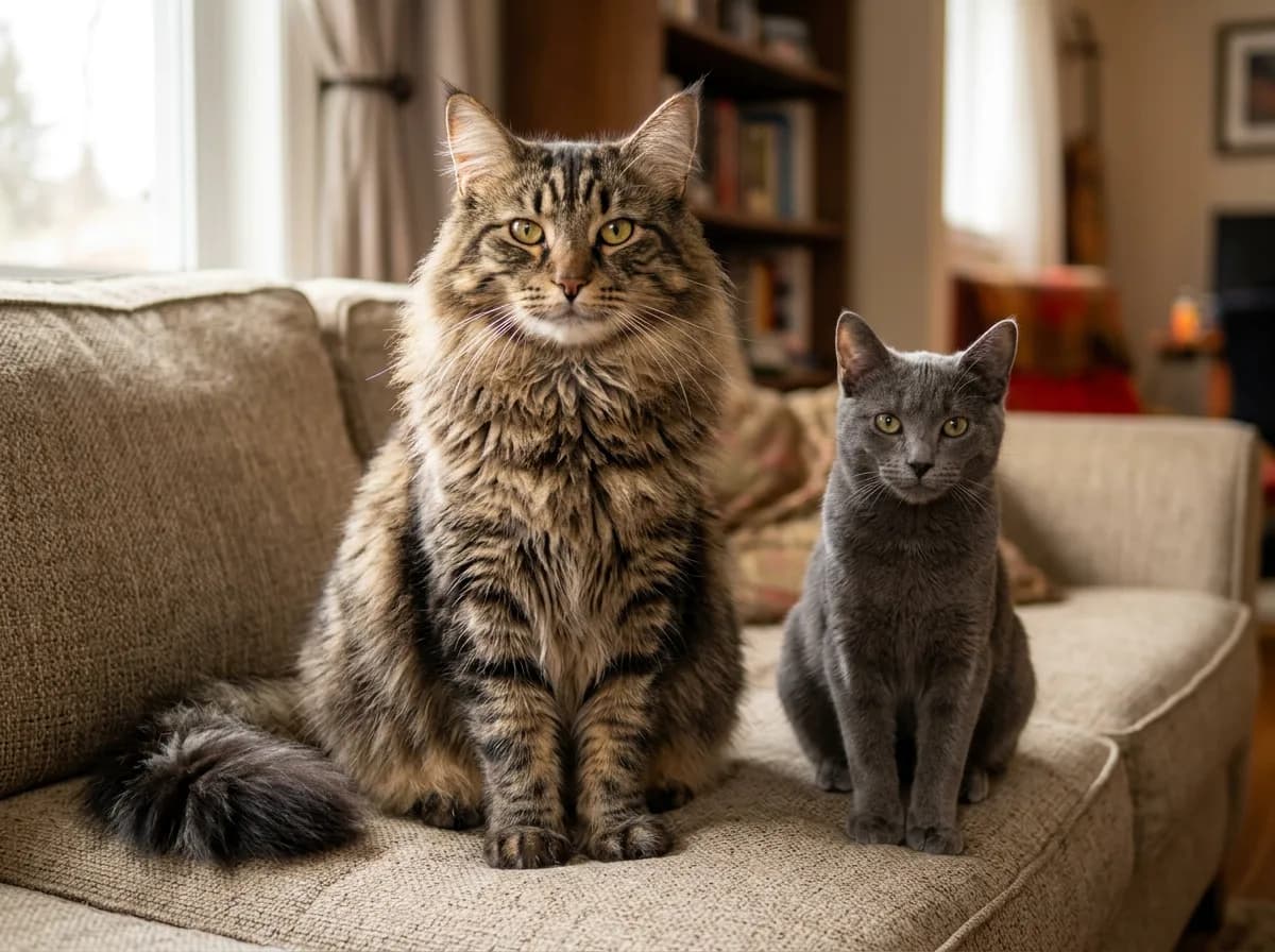 A full-grown brown tabby Norwegian Forest cat sitting upright beside a smaller gray house cat on a couch, the size difference clearly visible