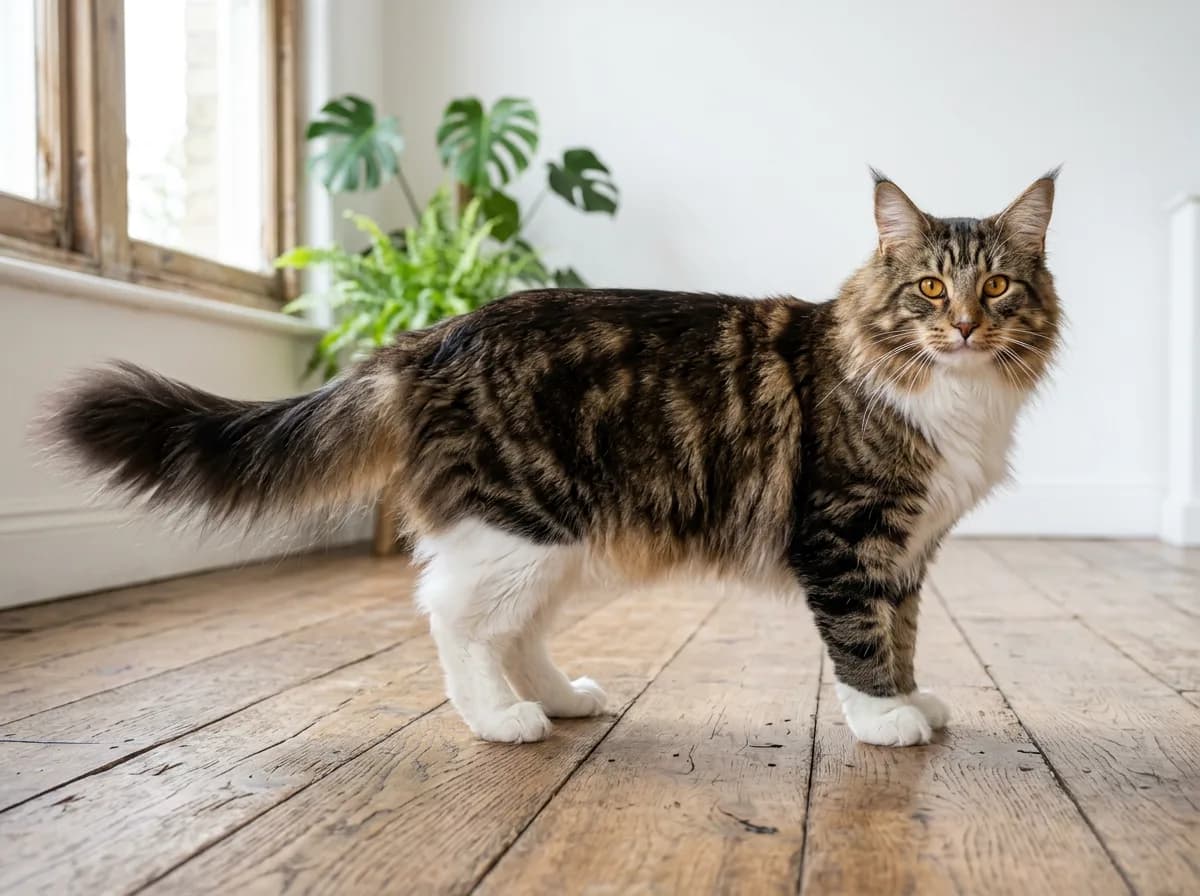 A large brown tabby and white Norwegian Forest cat standing in profile on a wooden floor, full ruff and bushy tail showing its long muscular body