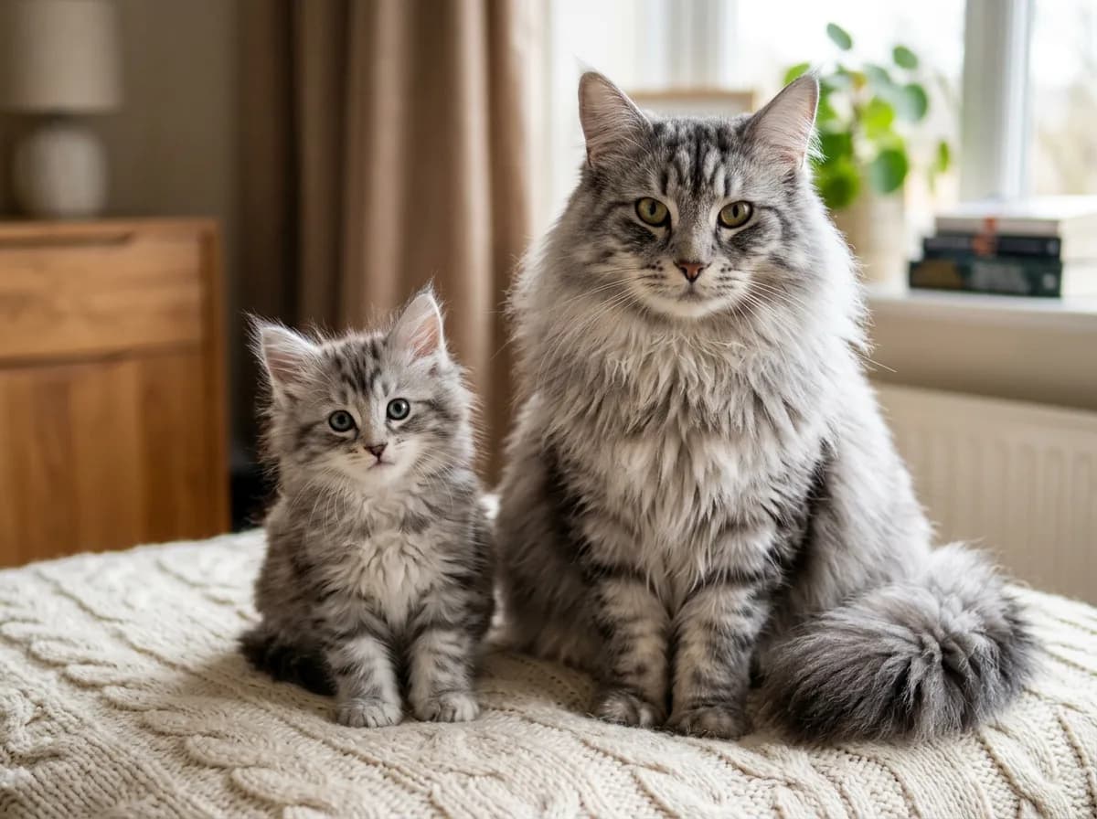 A fluffy silver tabby Norwegian Forest kitten beside a full-grown adult of the same breed, showing how much larger the mature cat becomes