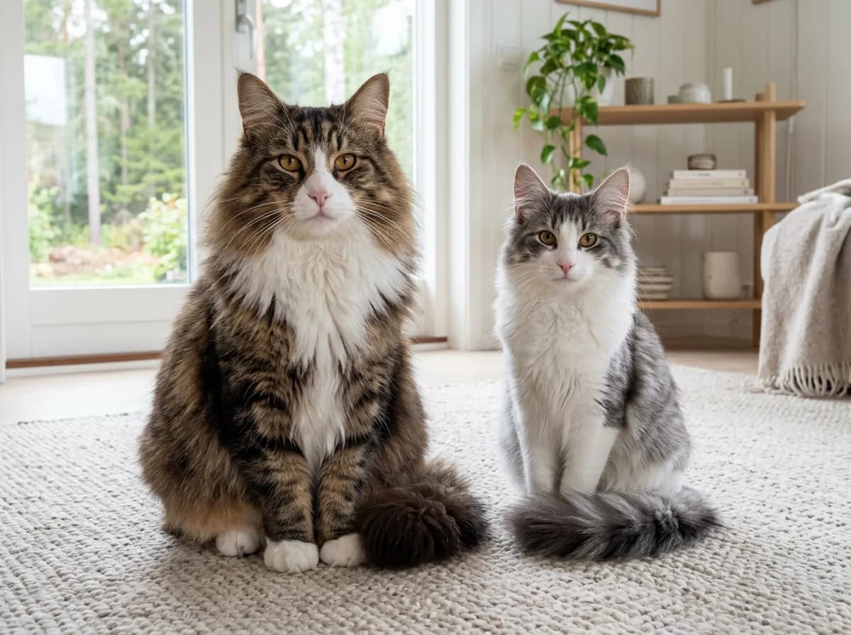 A larger male brown tabby Norwegian Forest cat sitting beside a smaller blue and white female, the size and ruff difference between the sexes visible