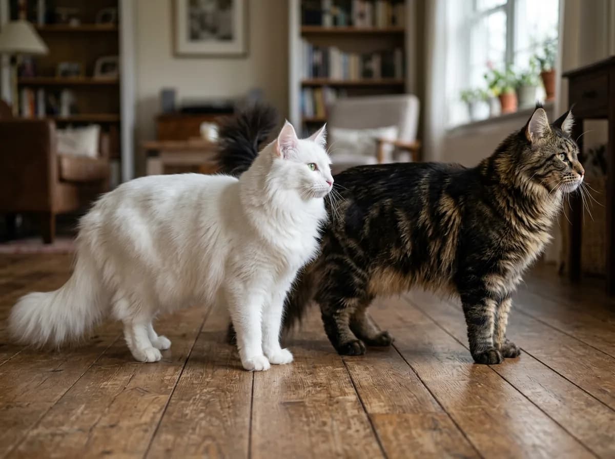 A white Norwegian Forest cat and a larger brown tabby Maine Coon standing side by side in profile, two large double-coated breeds compared