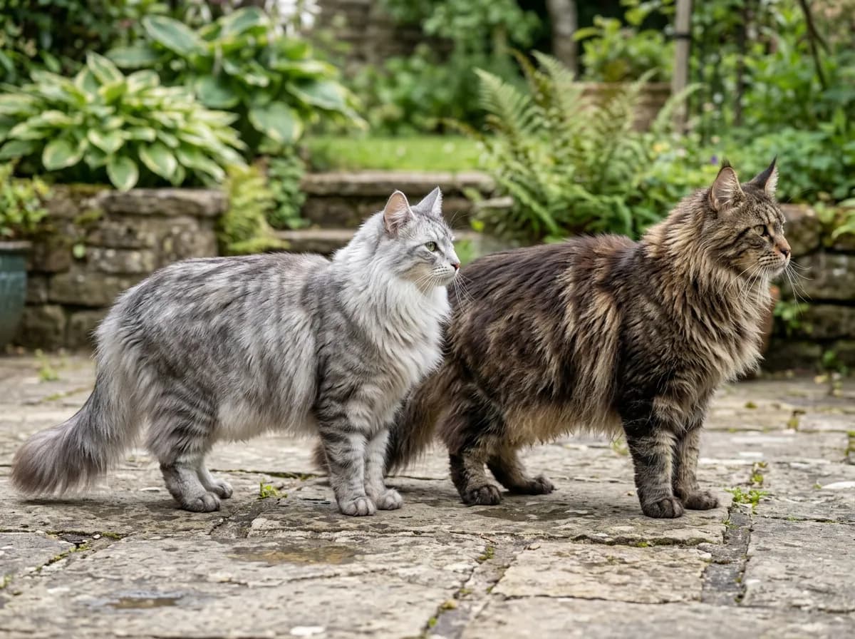 A silver tabby Norwegian Forest Cat with a smooth, even double coat standing beside a brown tabby Maine Coon with a shaggier, uneven tousled coat