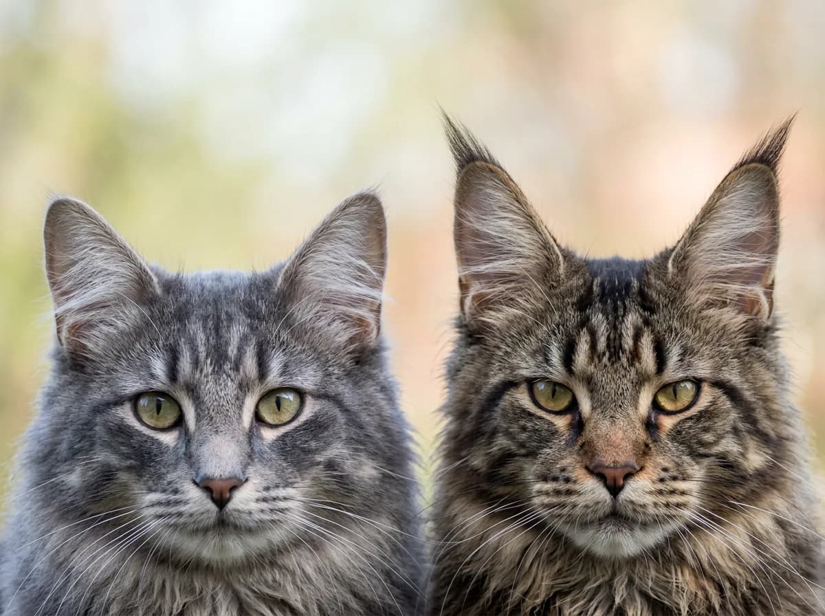 Close-up of a gray Norwegian Forest Cat with modest ear tufts beside a brown tabby Maine Coon with tall, heavily furnished lynx-tipped ears