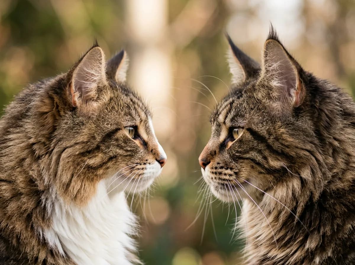A Norwegian Forest Cat and a Maine Coon face each other in profile, the Wegie's straight nose line beside the Maine Coon's dipped, squarer muzzle
