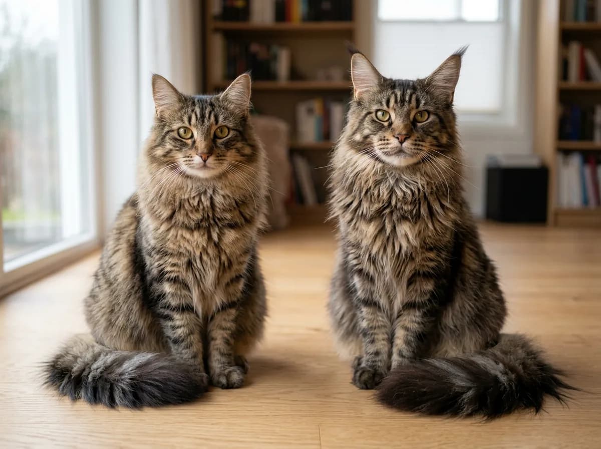 A brown tabby Norwegian Forest Cat with a straight profile and triangular face sitting beside a brown tabby Maine Coon with tall lynx-tipped ears