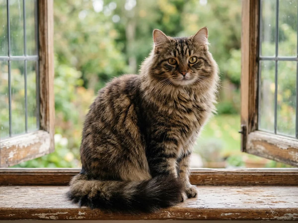 A brown tabby Siberian cat sitting on a windowsill, its rounded head and gentler facial curves setting it apart from the Norwegian Forest Cat