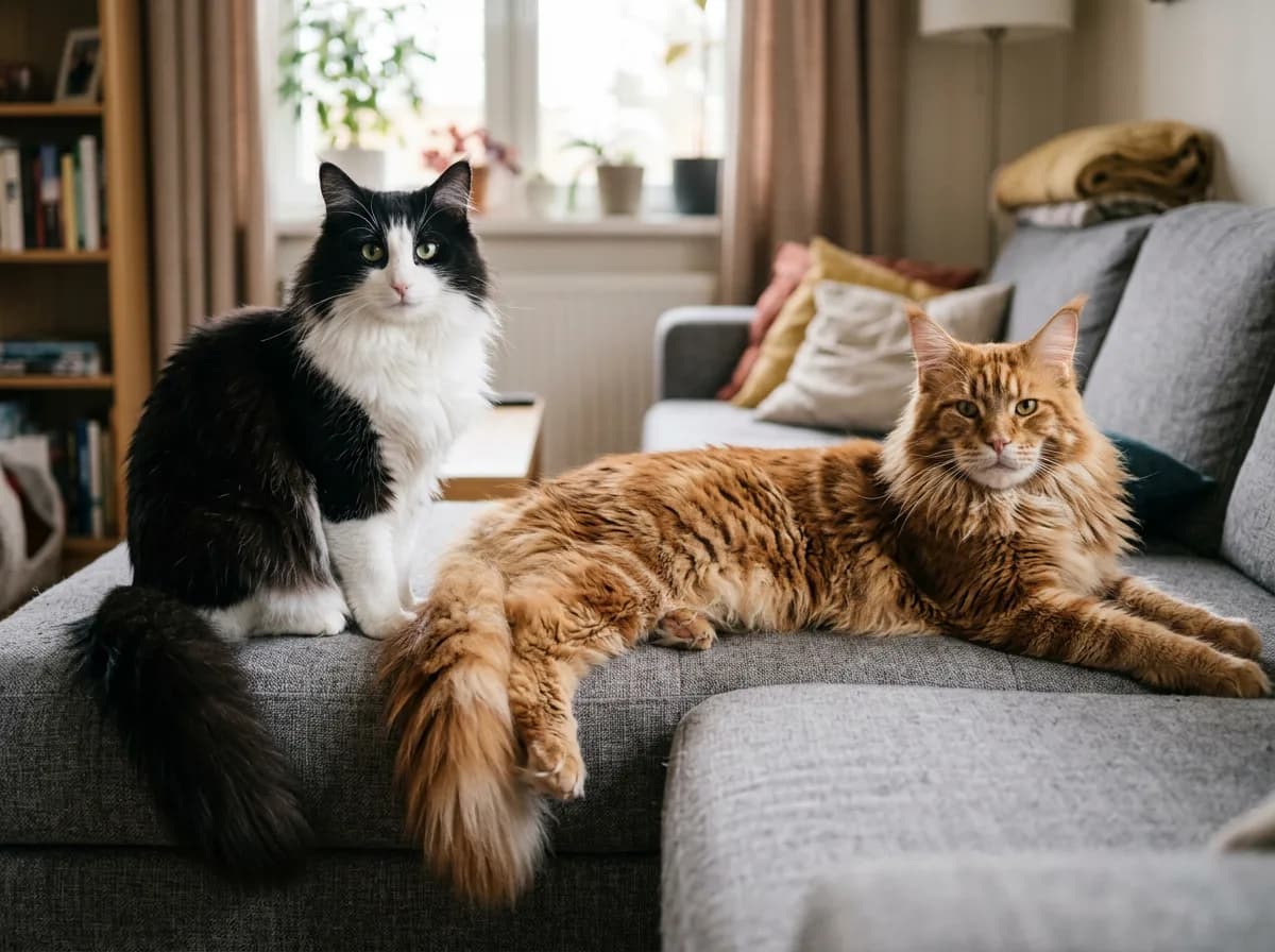 A black and white Norwegian Forest Cat sitting beside a larger red tabby Maine Coon stretched out on a couch, showing the Maine Coon's longer body