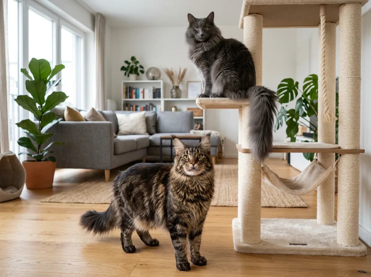 A sociable Maine Coon looks up from the floor while a Norwegian Forest Cat observes from the top of a tall cat tree, dog-like versus independent