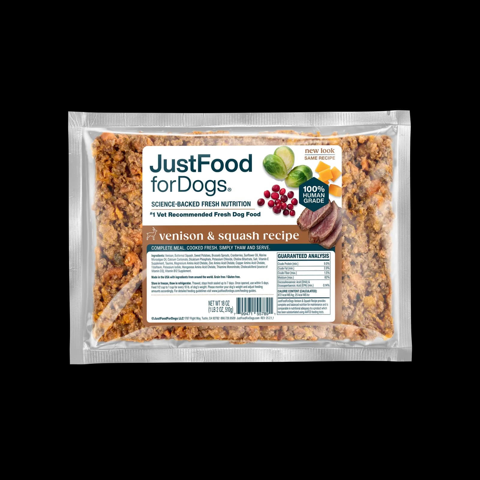 A package of JustFoodForDogs Venison and Squash Fresh Frozen novel-protein recipe on a clean kitchen counter