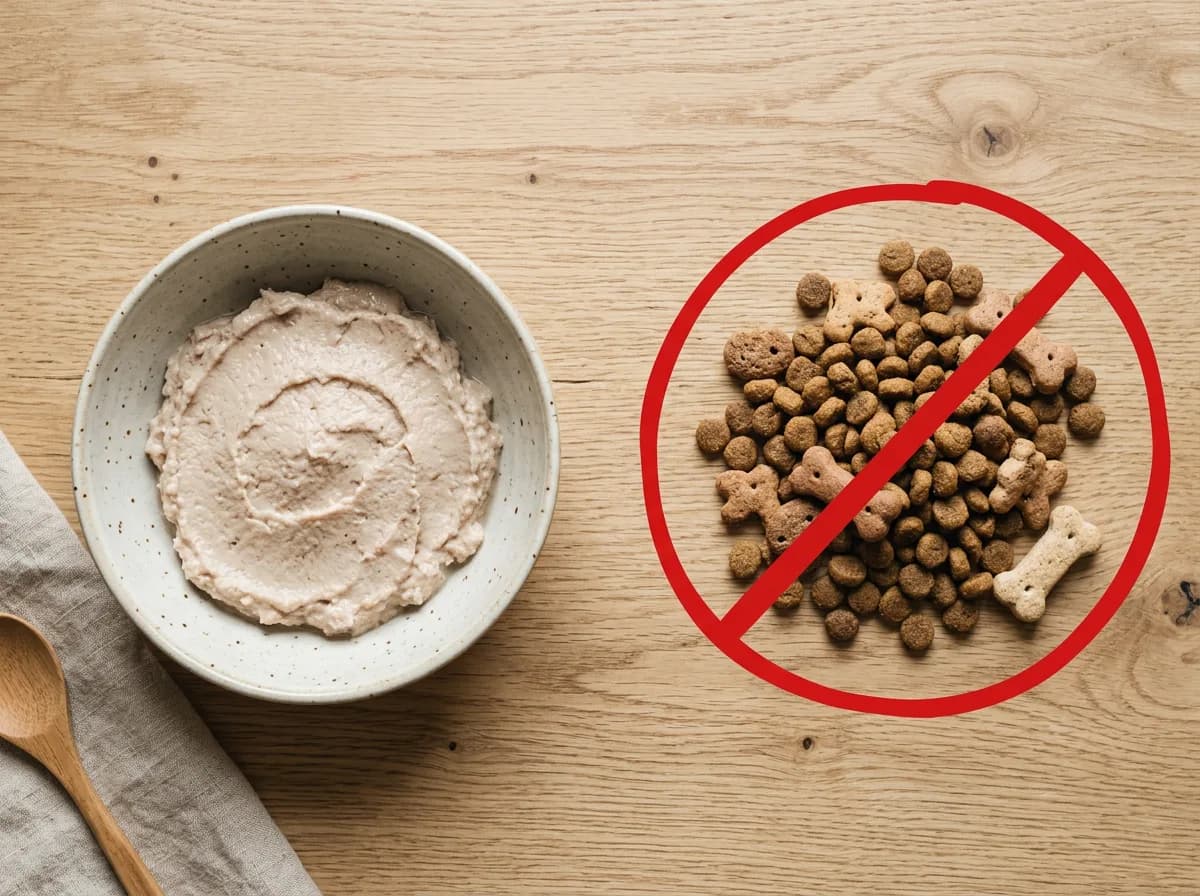 An overhead flat-lay showing a bowl of plain novel-protein food beside a crossed-out pile of chicken kibble and treats