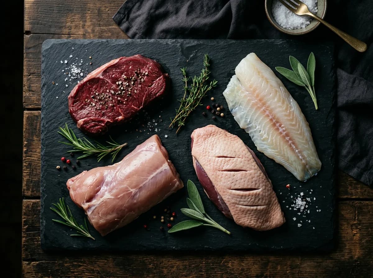 An overhead arrangement of raw venison, rabbit, duck, and a whitefish fillet on a dark slate board