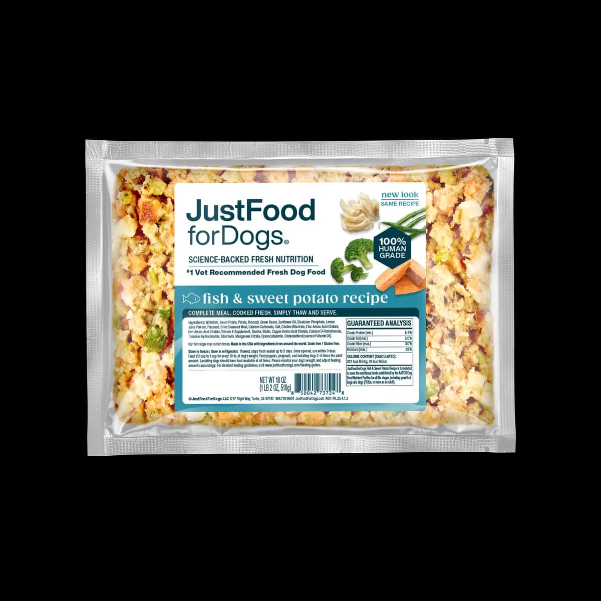 A package of JustFoodForDogs Fish and Sweet Potato Fresh Frozen recipe beside a small dish of the prepared food