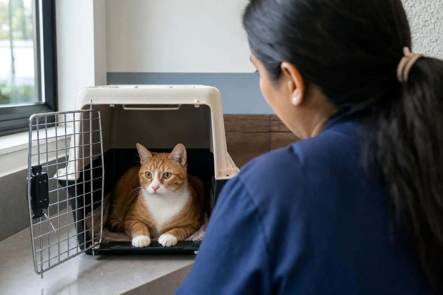 A ginger-and-white shorthaired cat resting in an open carrier while a veterinary technician observes.