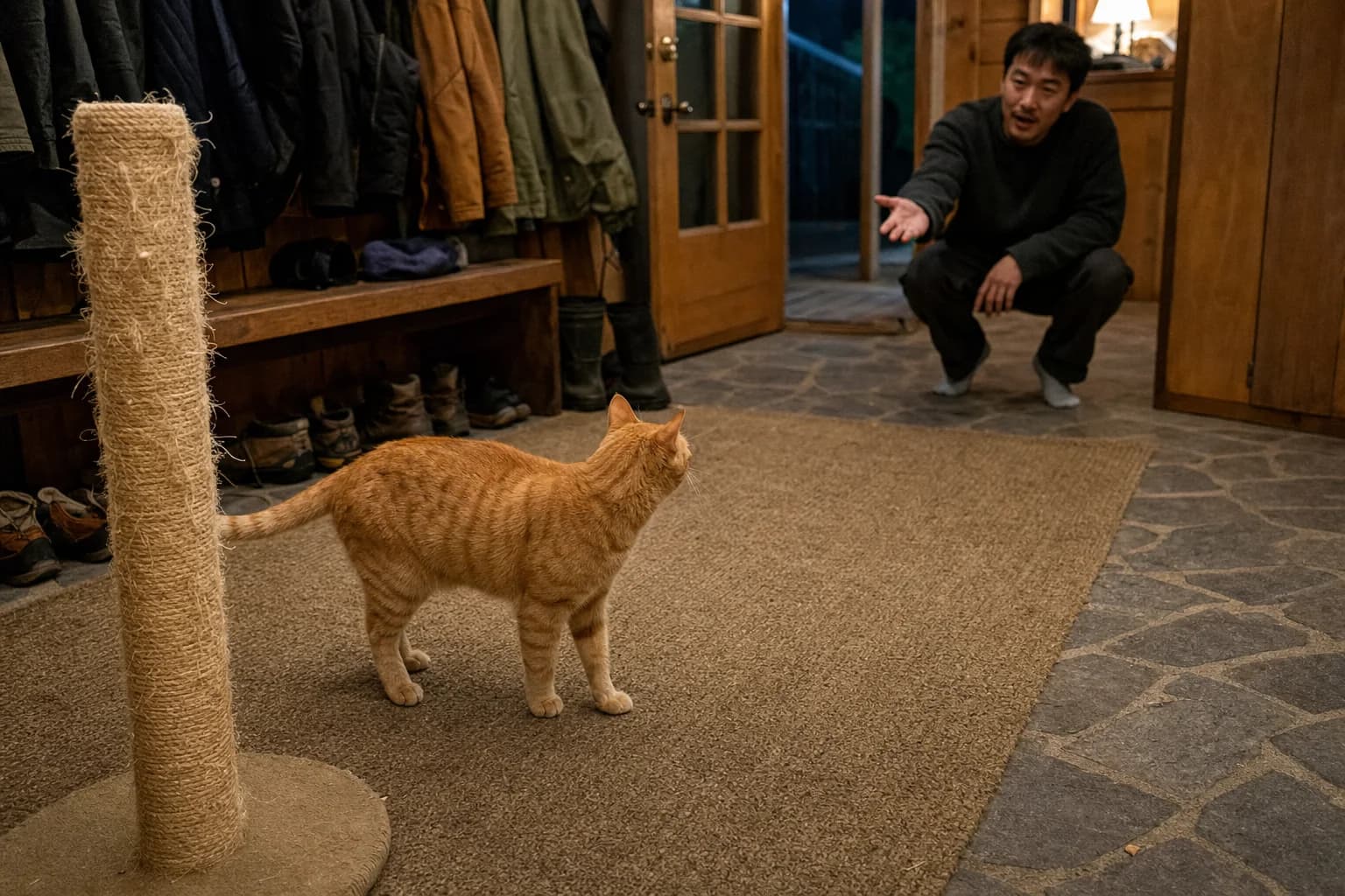 An orange mackerel-tabby cat looks toward a caregiver calling from across a cabin mudroom.
