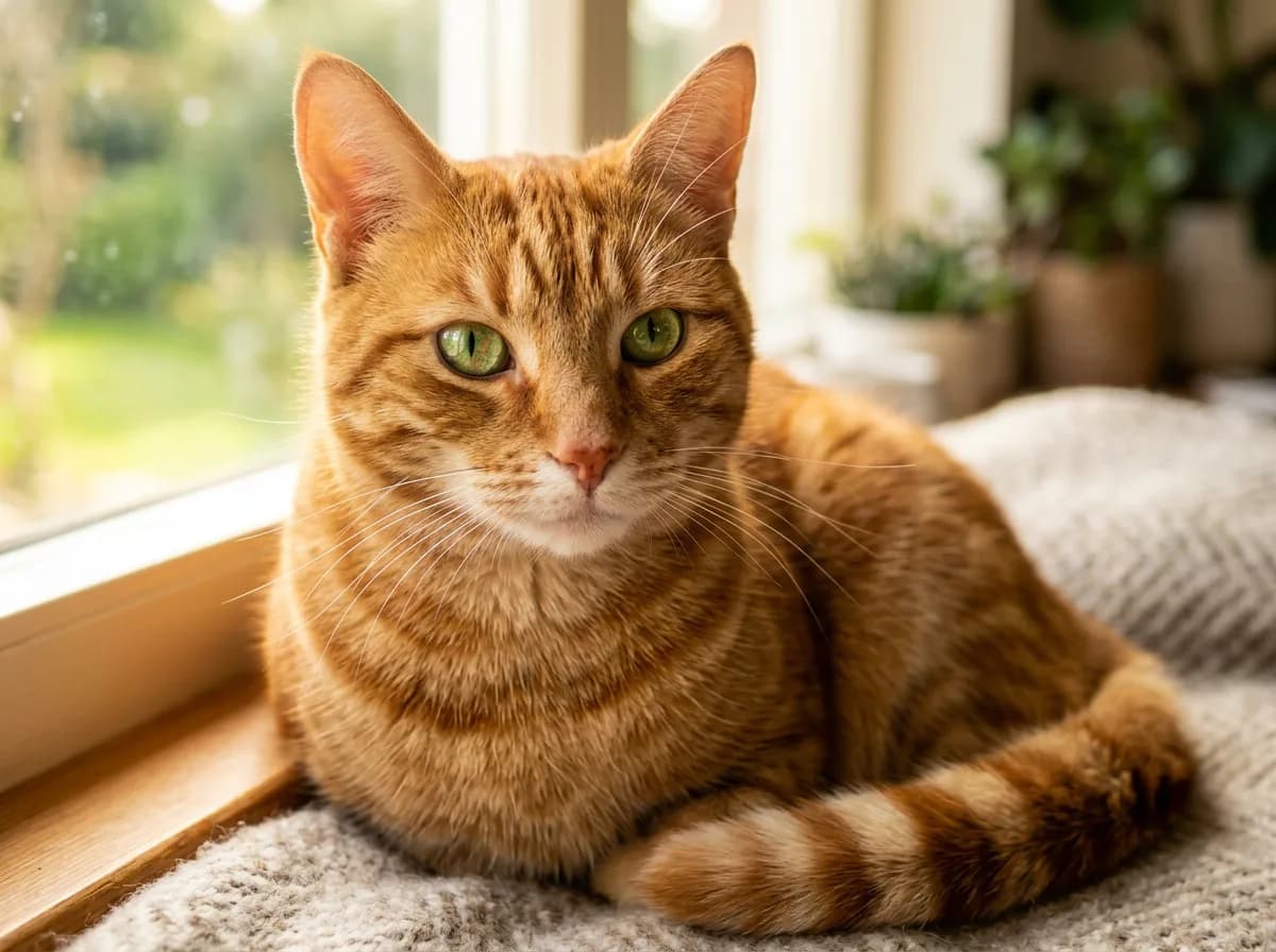 A photorealistic close-up portrait of a ginger orange mackerel tabby cat with green eyes, fine vertical stripes along its body, a striped tail, and the classic M marking on its forehead, sitting in soft natural window light