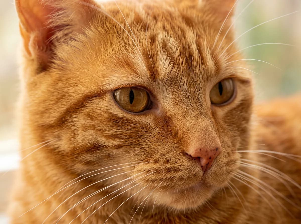 A photorealistic close-up of an orange tabby cat's face showing the warm ginger phaeomelanin coloring, amber eyes, and the dark tabby M marking on the forehead, lit by soft daylight