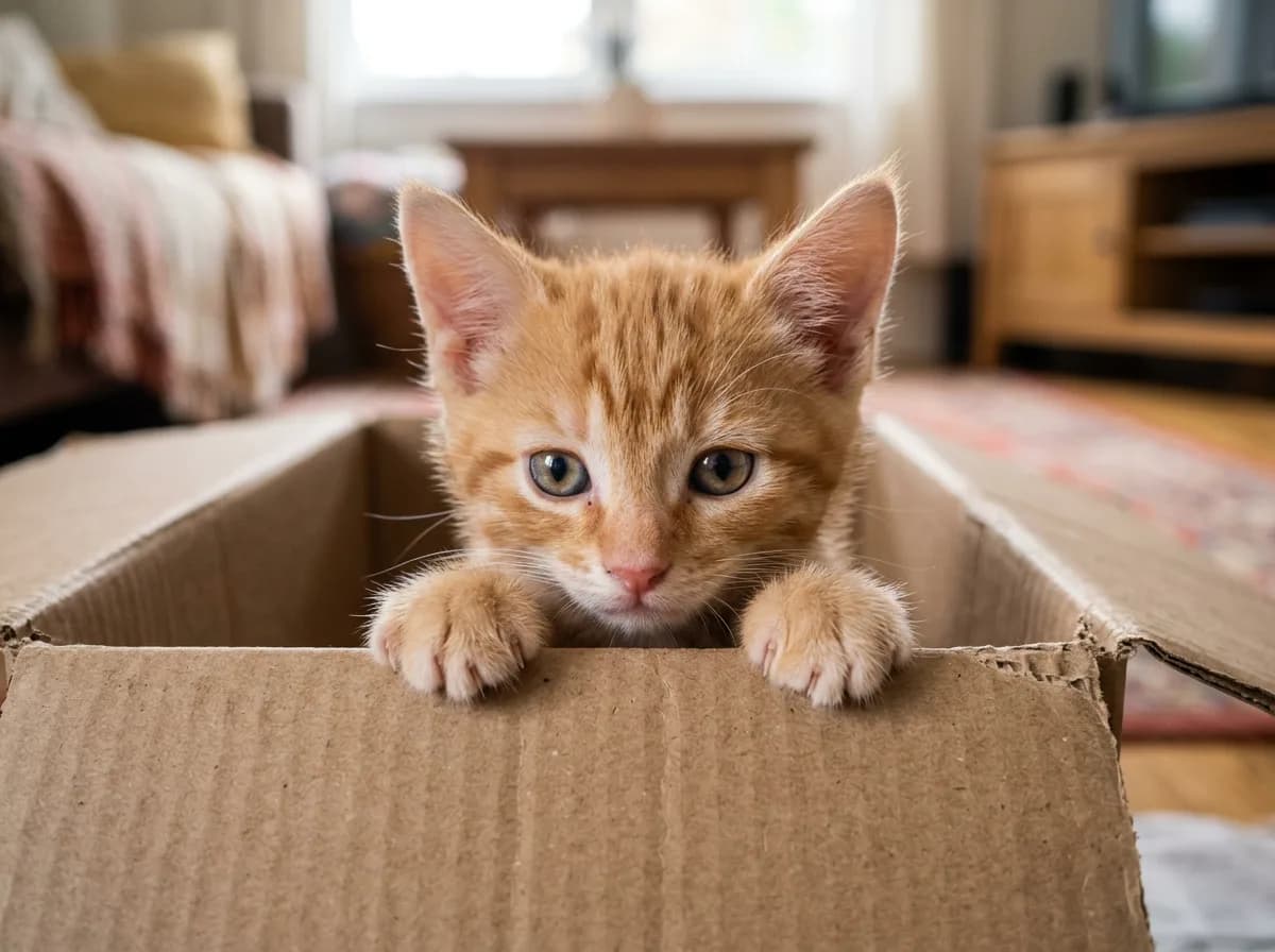 A photorealistic photo of a young orange tabby kitten with oversized ears and bright eyes peering over the edge of a cardboard box, looking curious
