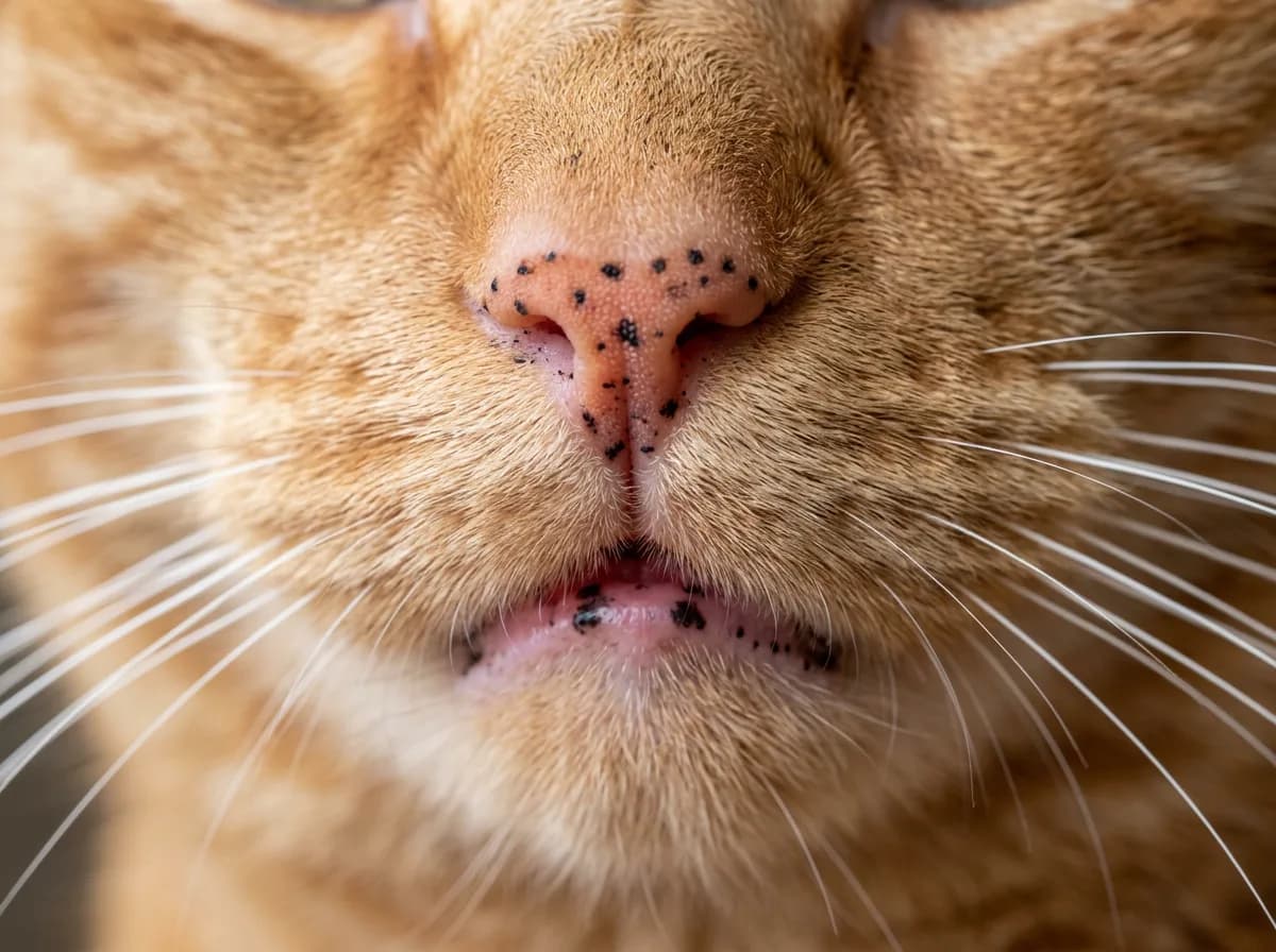 A photorealistic macro close-up of an orange tabby cat's pink nose and lips showing small flat black lentigo freckles, with ginger fur framing the muzzle