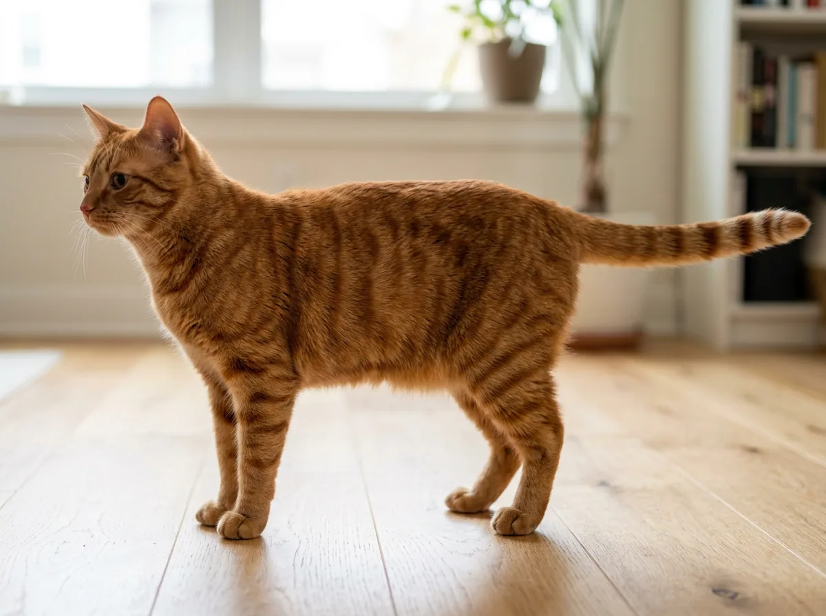 A photorealistic side profile of an orange mackerel tabby cat showing thin parallel vertical stripes running down its ribs and a clearly ringed tail, standing on a wood floor in daylight
