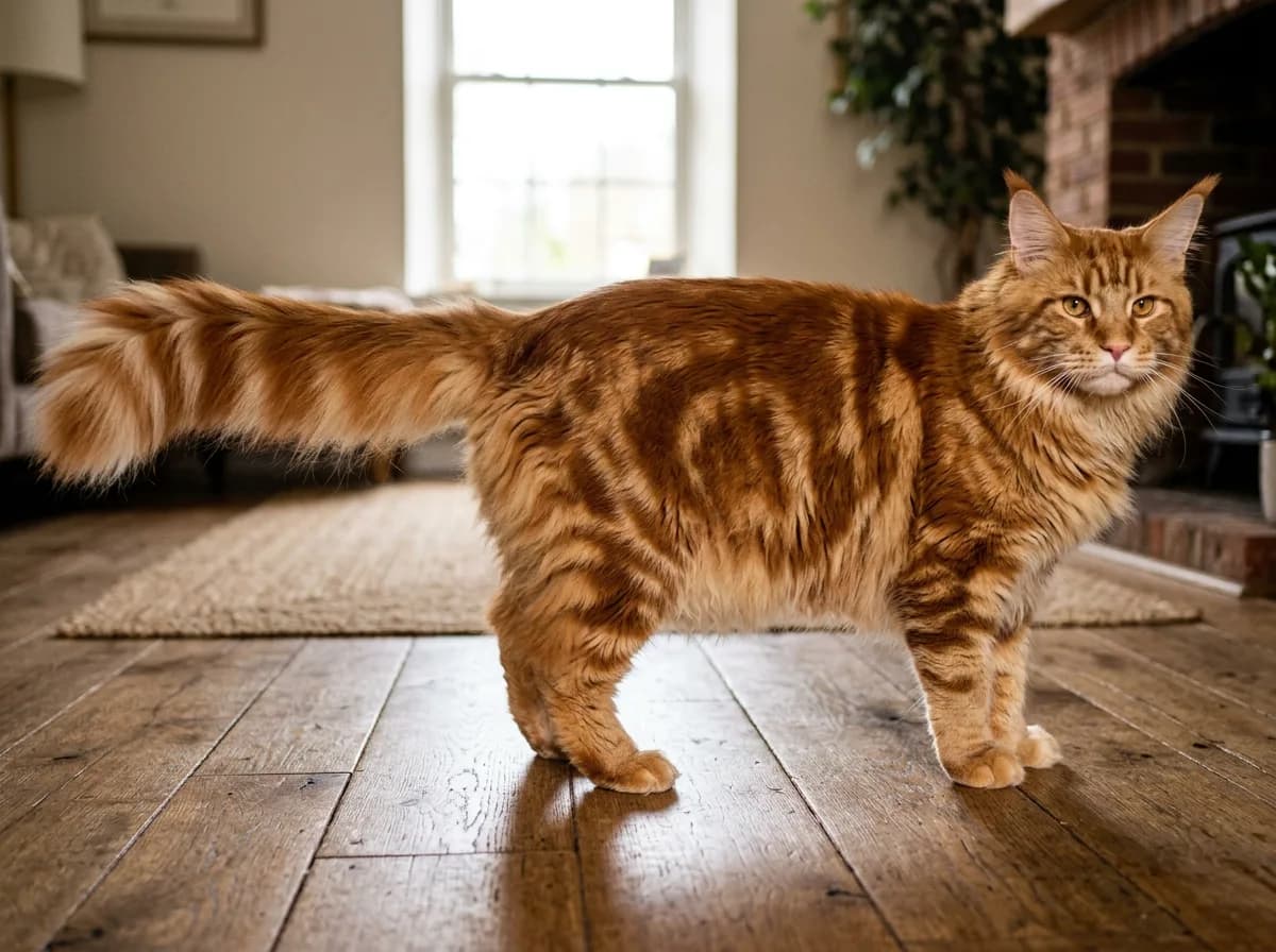 A photorealistic full-body photo of a large fluffy orange tabby Maine Coon cat with bold rust-orange classic tabby swirls, a bushy ringed tail, ear tufts, and the tabby M marking on its forehead, standing on a wood floor