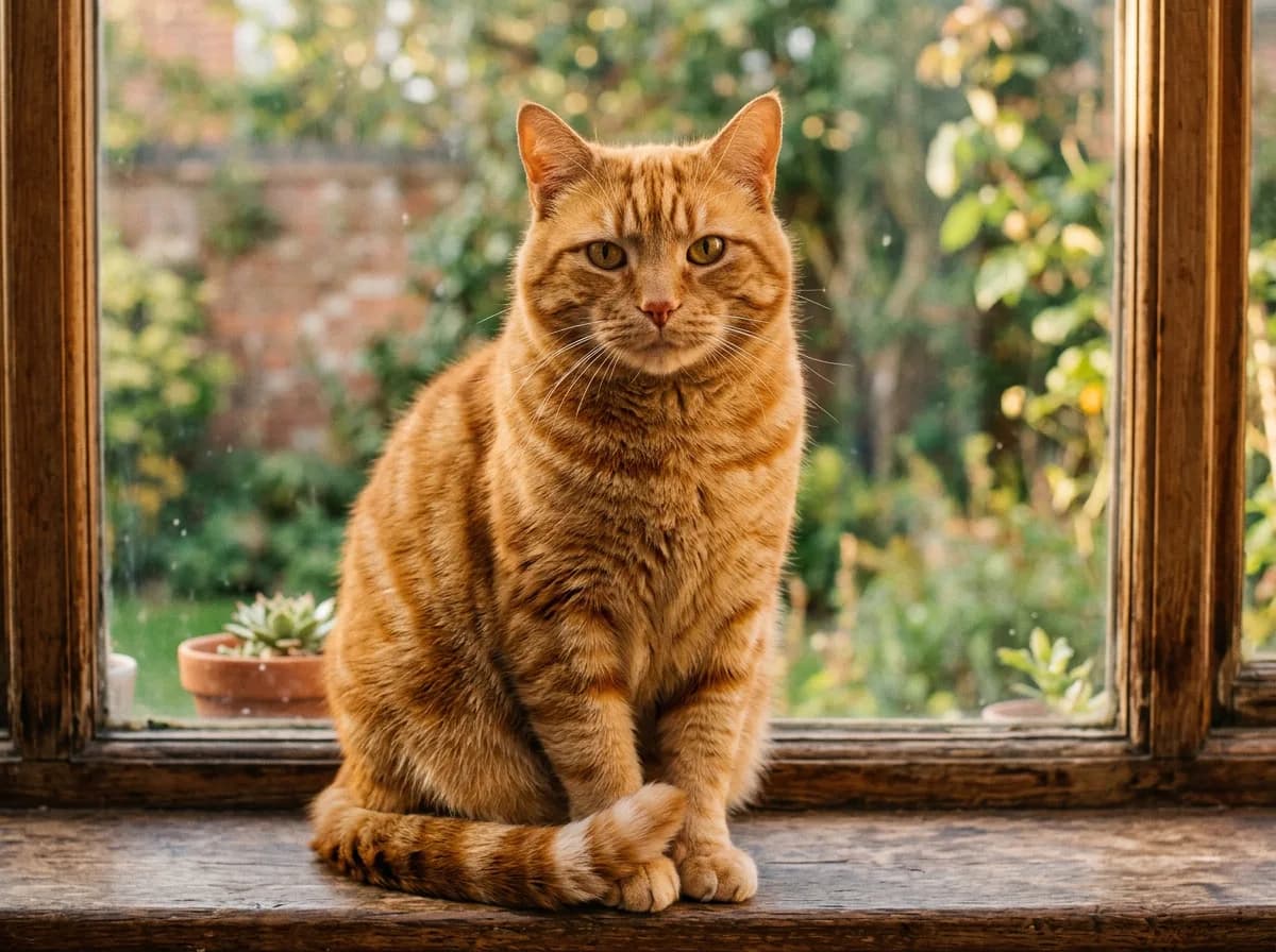A photorealistic portrait of a large adult male orange tabby cat with a broad face and bright ginger mackerel-striped coat, sitting on a windowsill in warm light
