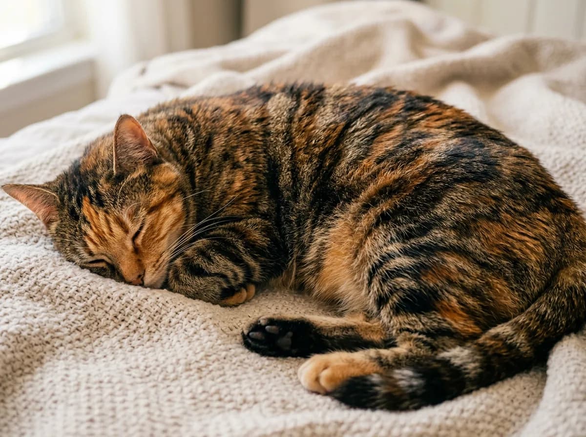 A photorealistic photo of a patched tabby (torbie) cat with interwoven orange and brown-black tabby markings, sleeping curled on a soft blanket