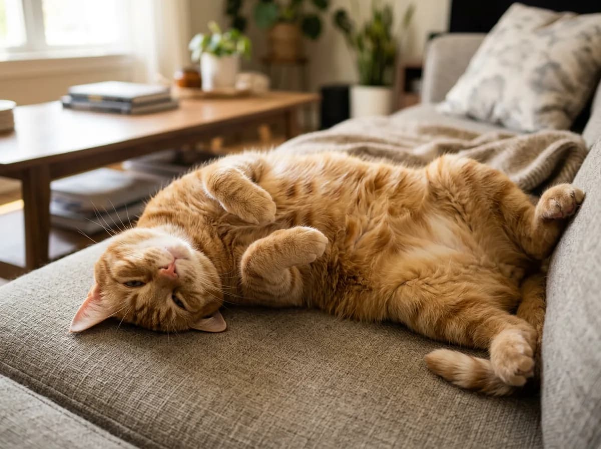 A photorealistic image of a relaxed orange tabby cat lying belly-up and content on a couch, eyes half closed in a slow blink, looking sociable and at ease