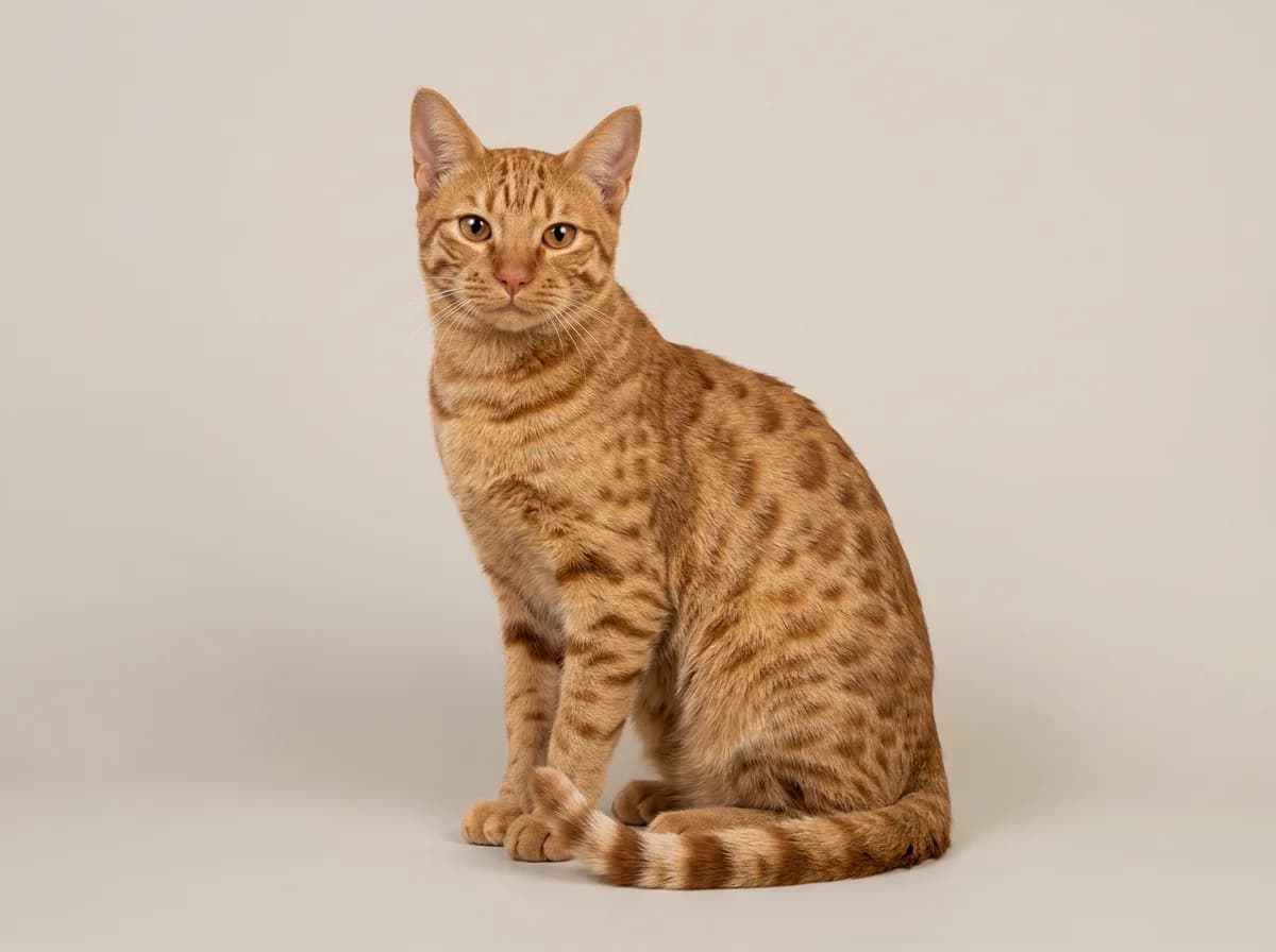 A photorealistic full-body shot of an orange spotted tabby cat with distinct dark-orange round spots distributed across its torso and flanks, sitting upright on a neutral background